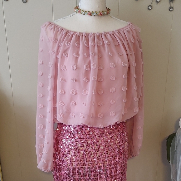 Pink Balloon Shirt Lantern Sleeve Fuzzy Dots Size Small - Picture 3 of 9